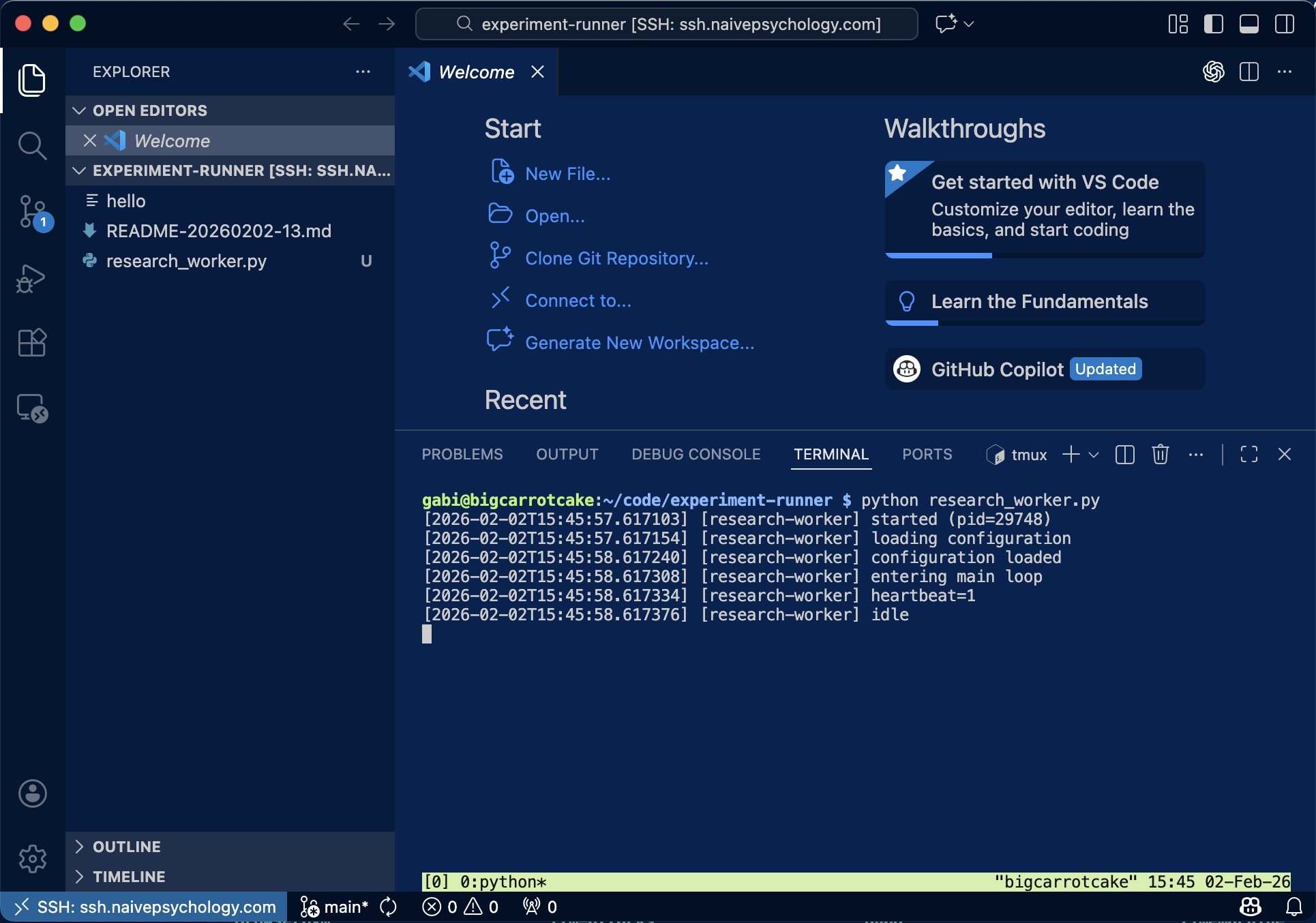 tmux session running research-worker