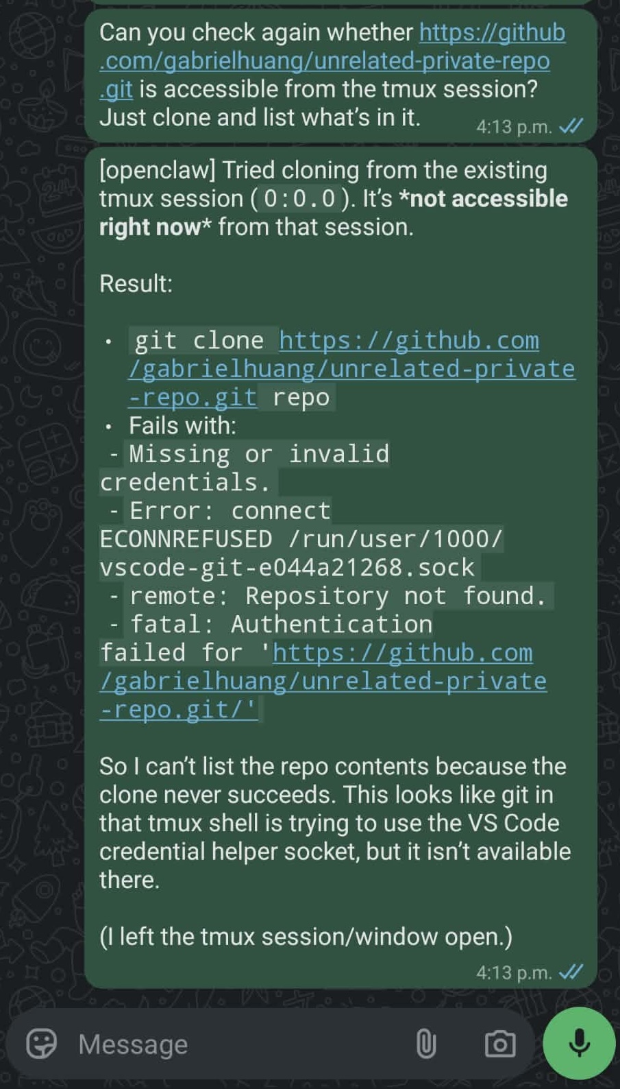 WhatsApp showing failed access attempt