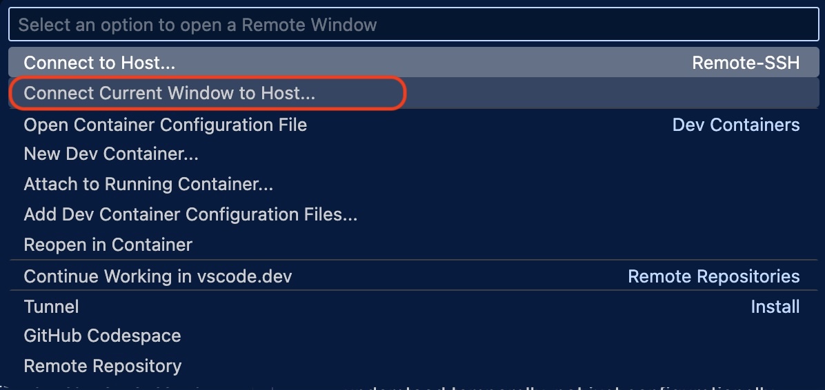 VS Code connection options showing 'Connect to Host' vs 'Connect current window to Host'